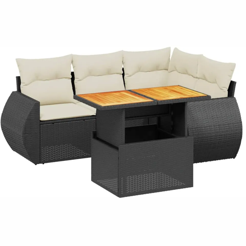 vidaXL 5-delige Loungeset met kussens poly rattan zwart, foto 3