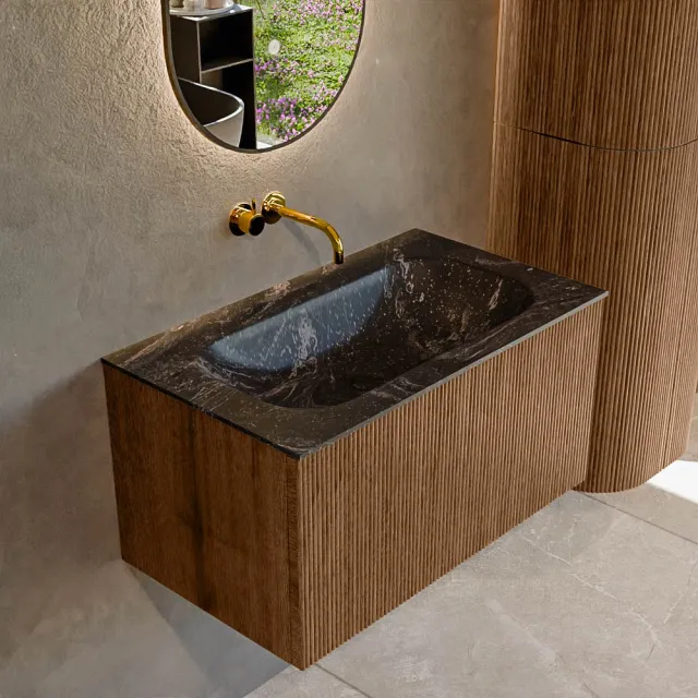 Mondiaz KURVE-DLUX 80 cm Onderkast Greeploos 1 Lade Zonder Deuren Walnut, Wastafel Solid Surface Volledig Lava 0 Kraangaten Zonder Spiegel (KRVBGS801L0D0KM-Wal/Lav)