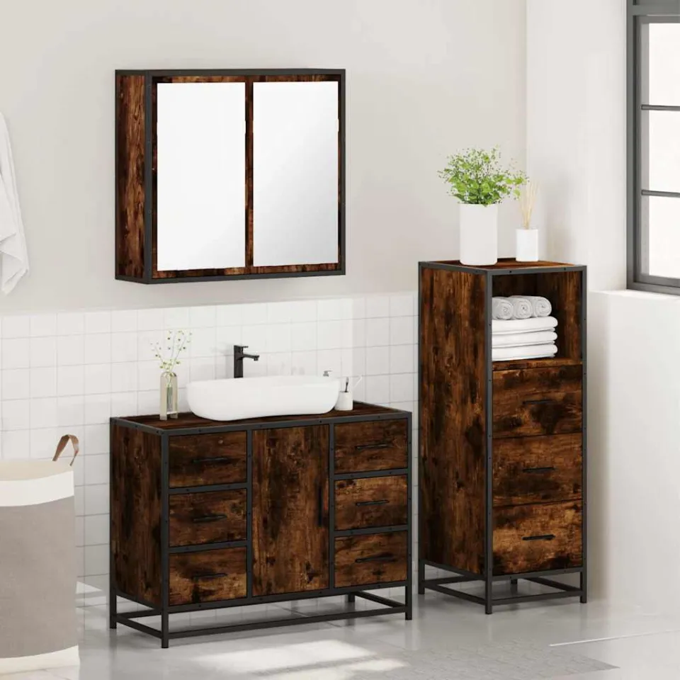 vidaXL 3-delige Badkamermeubelset bewerkt hout gerookt eikenkleurig, foto 4