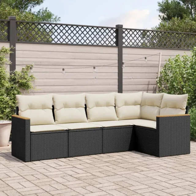 vidaXL 5-delige Loungeset met kussens poly rattan zwart, foto 2