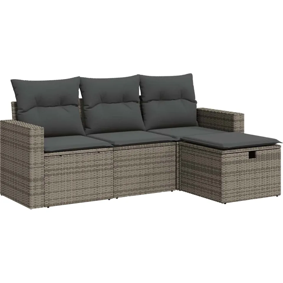 vidaXL 4-delige Loungeset met kussens poly rattan grijs, foto 3