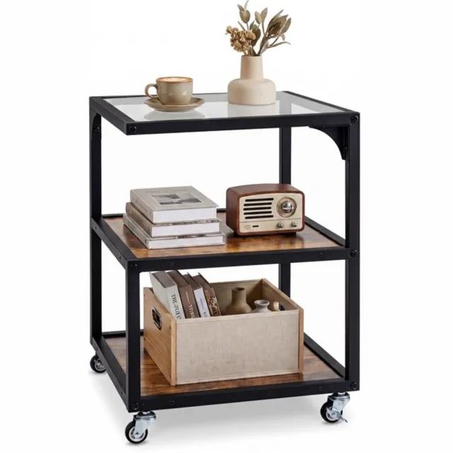 Suredeal Buffetkast - Bijzettafel Niveaus Nachttafel - Glazen Blad Salontafel - Stalen Glazen Tafel - Wielen Bruin - 40x40x55 cm - Koffiebruin