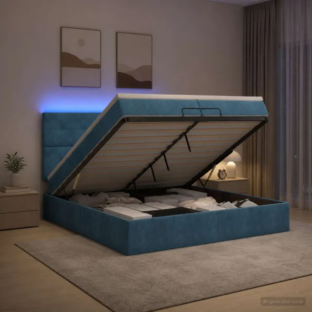 vidaXL Ottoman Bed met Matrassen en LED Donkerblauw 200 x 200 cm