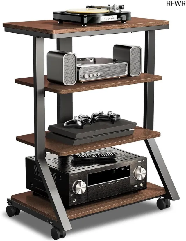RFWR Houten HiFi Rek met 4 Niveaus voor Audiovisuele Apparatuur - Verstelbare Entertainment Plank bruin