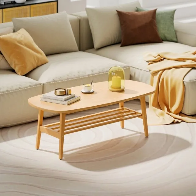 MEUNIQ Salontafel ovaal 120 x 60 x 42 cm met open opbergplank voor woonkamer of slaapkamer, koffietafel met natuurlijke houtlook, naturel Natuurlijk hout