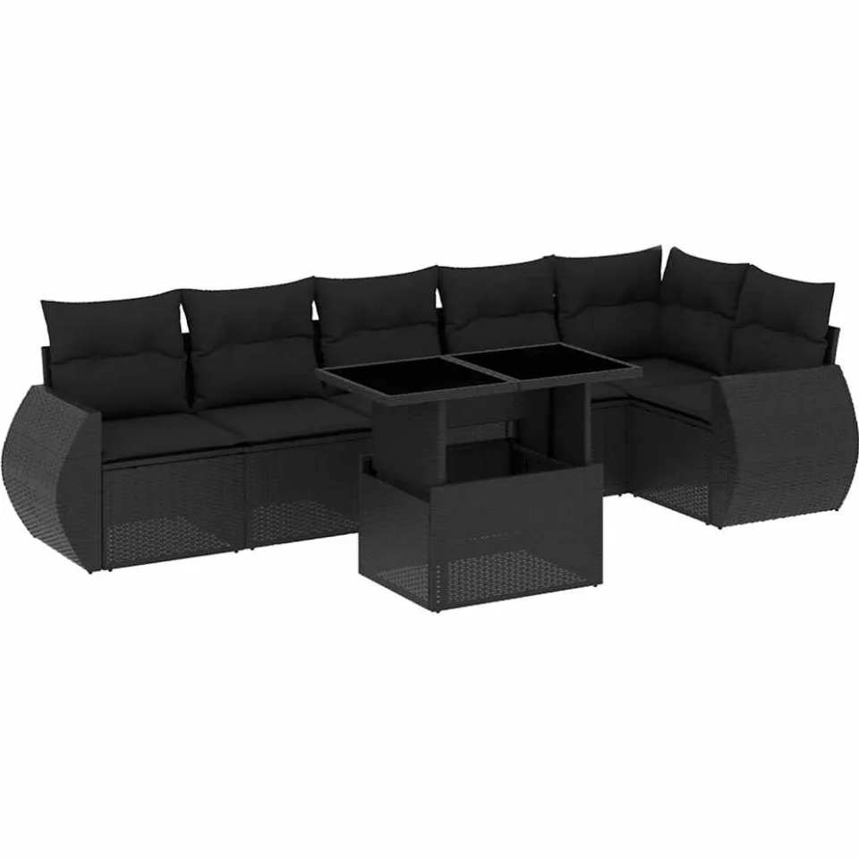 vidaXL 7-delige Loungeset met kussens poly rattan zwart, foto 3