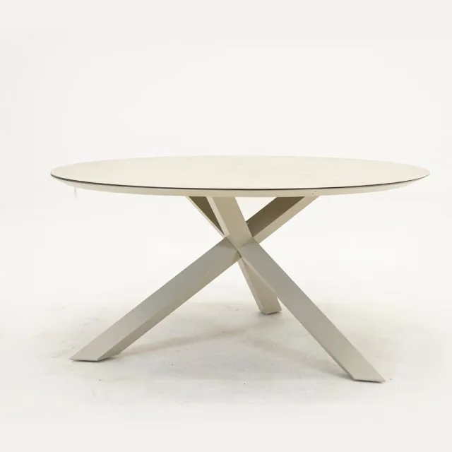 VITA Tuintafel rond Rotonda - 150cm - cream - Aluminium onderstel - Keramiek laag op glas tafelblad - kruispoot - Met stelpootjes - Onderhoudsarm - Makkelijke montage crème