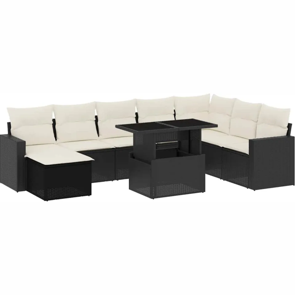 vidaXL 9-delige Loungeset met kussens poly rattan zwart