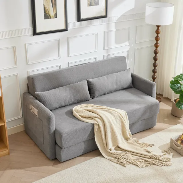COVREO Slaapbank 165x92x82 cm grijs, cordstof 2-zits met lendenkussens