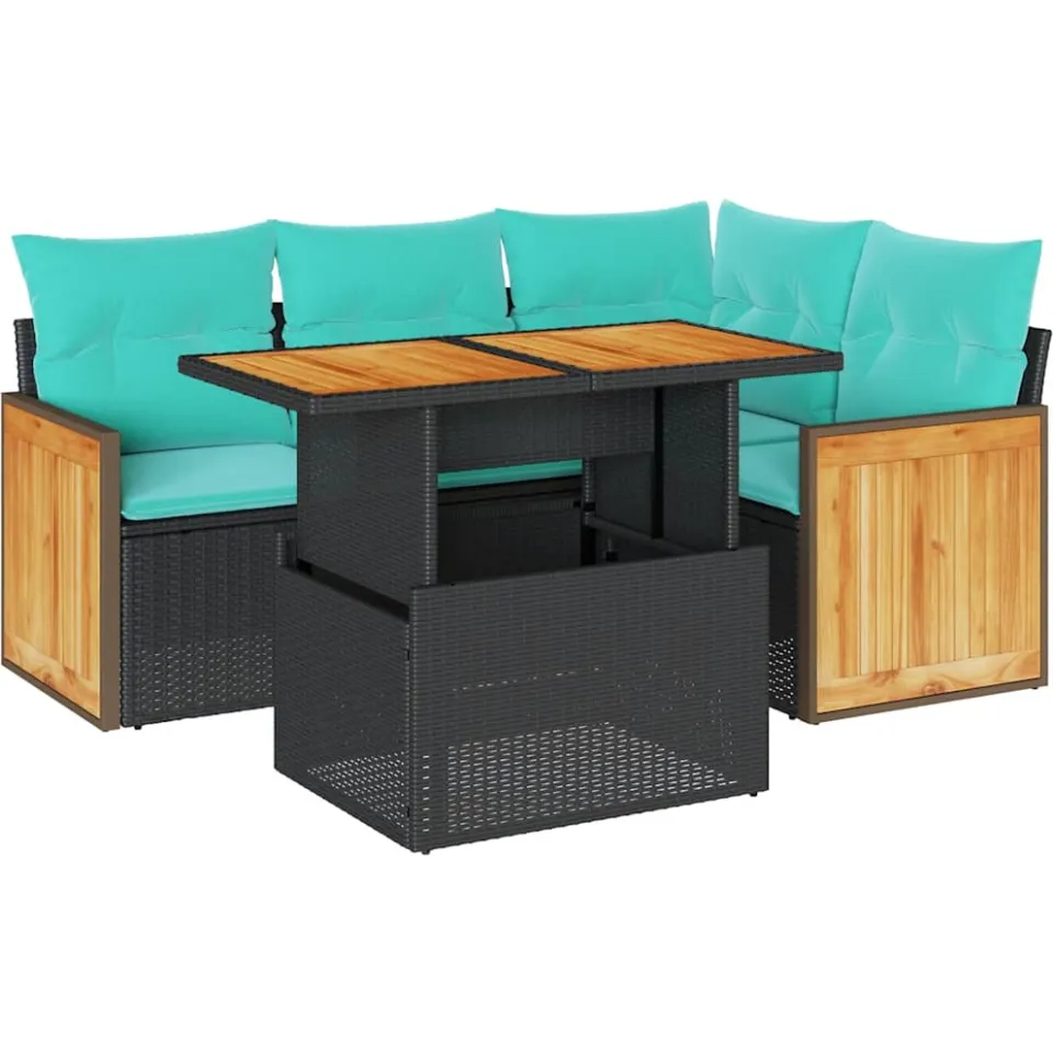 vidaXL 5-delige Loungeset met kussens poly rattan acacia zwart, foto 3