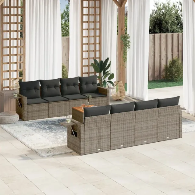 vidaXL 9-delige Loungeset met kussens poly rattan grijs