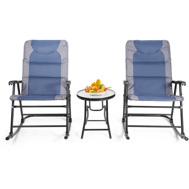 Costway 3-delige schommelligstoel, ligstoelen met bijzettafel, tuinligstoel, bistroset, ligstoel voor balkon, camping, tuin (blauw)