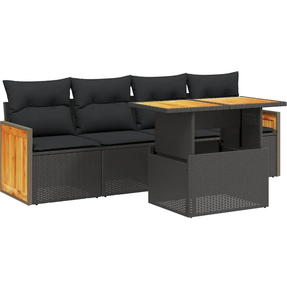 vidaXL 5-delige Loungeset met kussens poly rattan zwart, foto 3