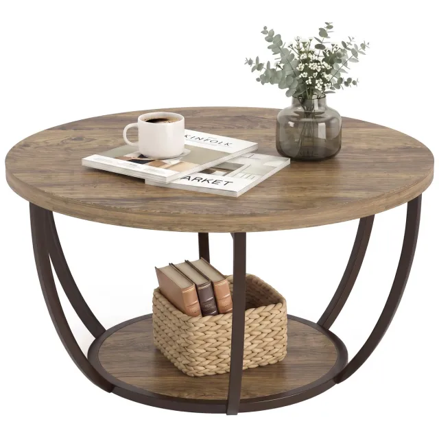 MUVANO Ronde salontafel 80x80 cm - Industriële salontafel bruin zwart - Met 2 niveaus - 80x80x43,8 cm - Opbergruimte - Woonkamer Bruin Zwart