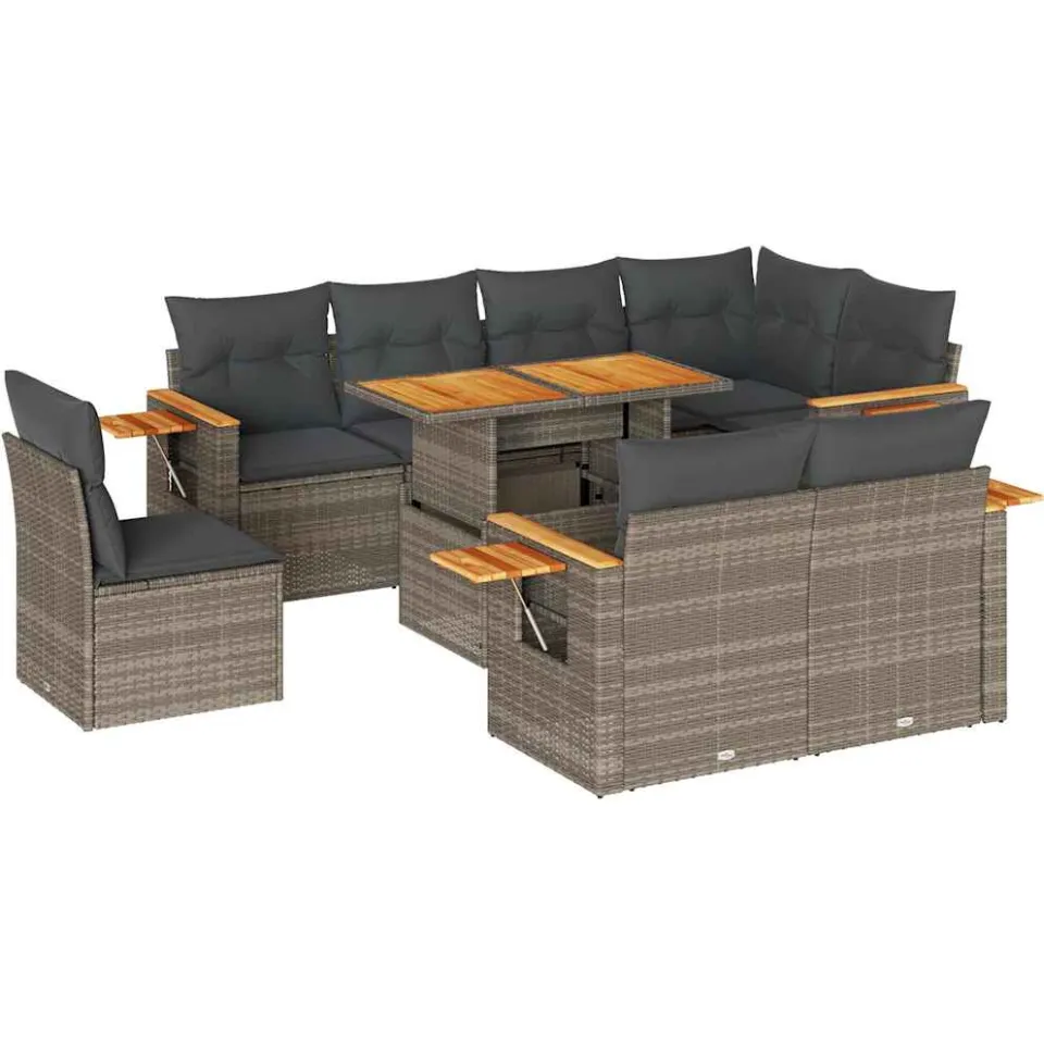 vidaXL 9-delige Loungeset met kussens poly rattan acacia grijs, foto 3