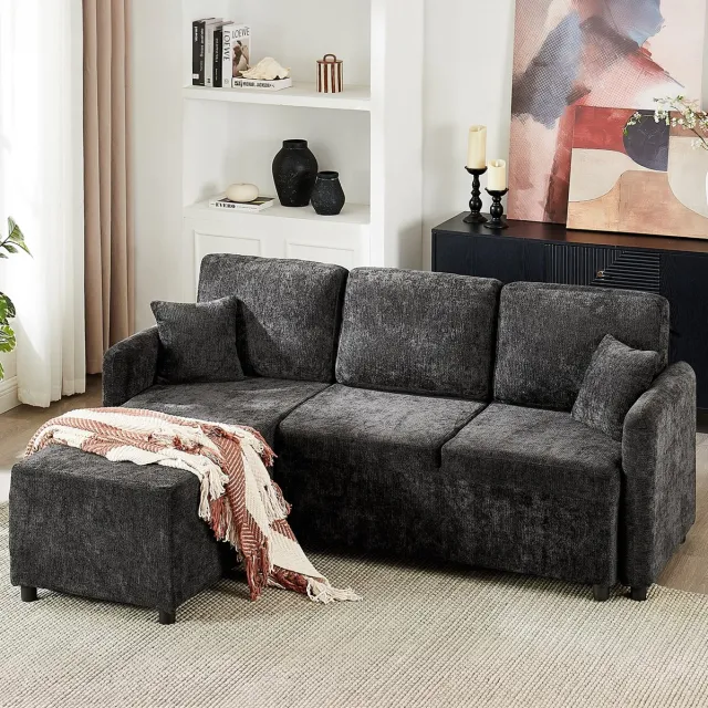 DESMIU Hoekbank 3-Zits - L-Vorm Met Lange Ligplaats 144 Cm - Comfortabel Met 2 Kussens - Voor Woonkamer En Studentenwoning - Chenille - Zwart