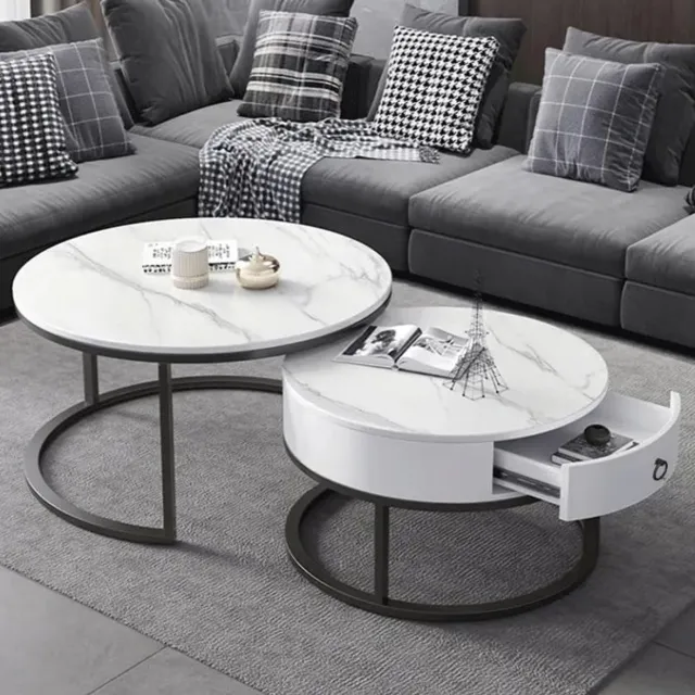 Swiss Homess Swiss Homes® - Venus | Salontafel Set van 2 - Marmer Look - Ø70 / Ø 70 / Ø 45 cm | Mystic White (Wit)- Bijzettafel - Tafel Rond - Woonkamer Tafel - Decoratie Tafel - Salon Tafel - Wandtafel - Koffietafel | MDF