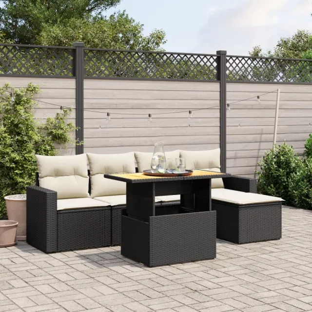 vidaXL 6-delige Loungeset met kussens poly rattan zwart, foto 2