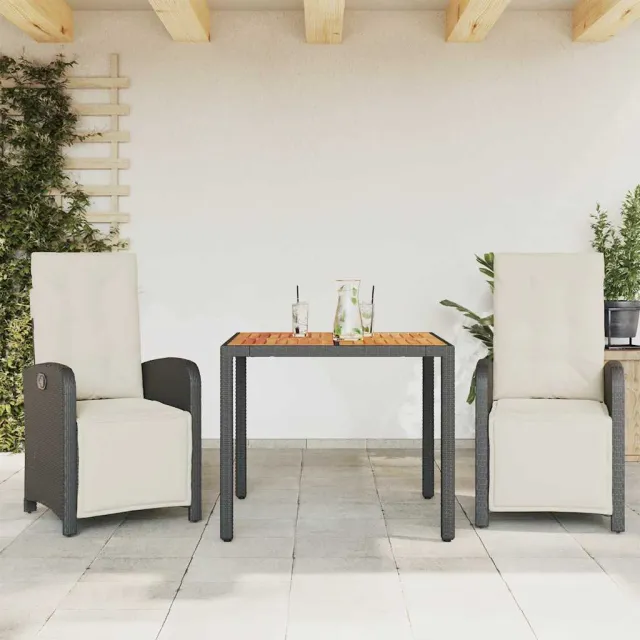 vidaXL 3-delige Bistroset met kussens poly rattan zwart, foto 2