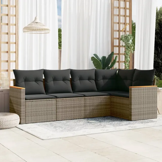 vidaXL 5-delige Loungeset met kussens poly rattan grijs, foto 2