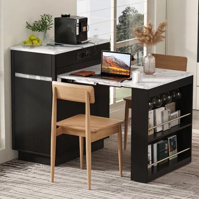 COVREO Uitschuifbare eettafel met LED-verlichting – 58-154x80,5x94 cm – Keukeneiland met USB – Opbergtafel met lades – Zwart