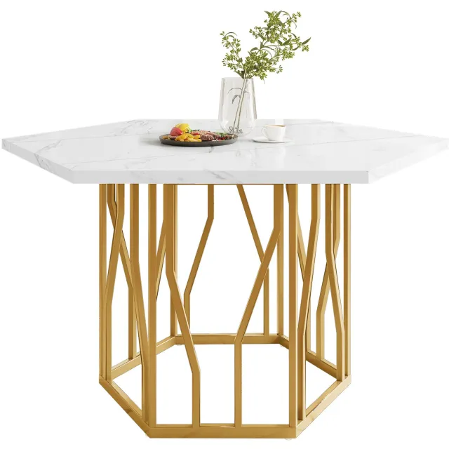 Mulder Living Eettafel - Zeshoekige eettafel - Keukentafel - Marmerpatroon Tafelblad - Met metalen poten - Stevig en duurzaam - Ruimtebesparende - Wit / Goud