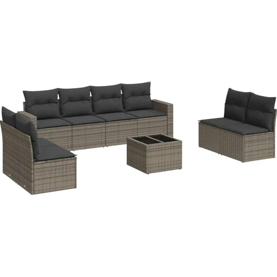 vidaXL 9-delige Loungeset met kussens poly rattan grijs