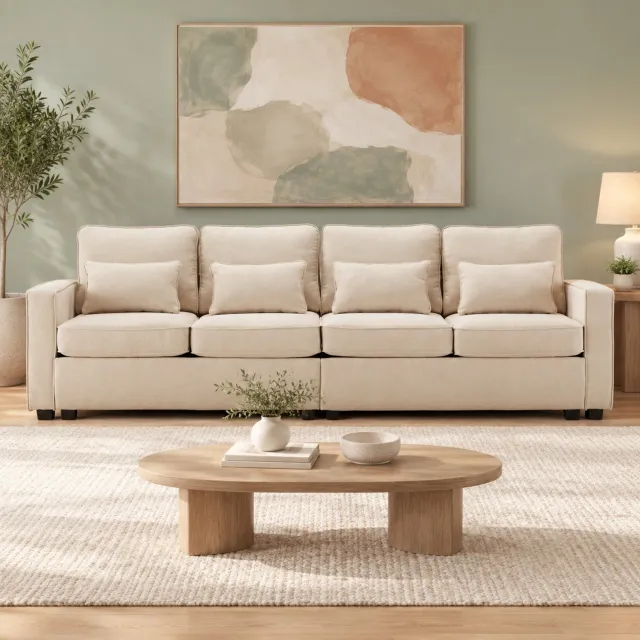WUVRIE 4-zitsbank 264x83x87 cm - Linnenlook met armleuningzakken en 4 kussens - Beige