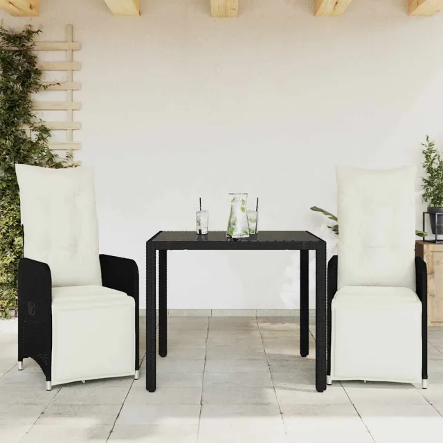 vidaXL 3-delige Bistroset met kussens poly rattan zwart, foto 2