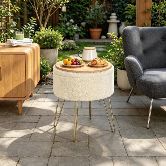 CHICFURN Voetenbankje - Opbergruimte - Rond - Beige