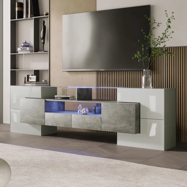 Wishdor Tv-Meubel - Hoogglans Afwerking - Led-Verlichting Met Meerkleurige Standen - Glasoppervlak - Mdf - Grijs - 200 X 35 X 60 Cm