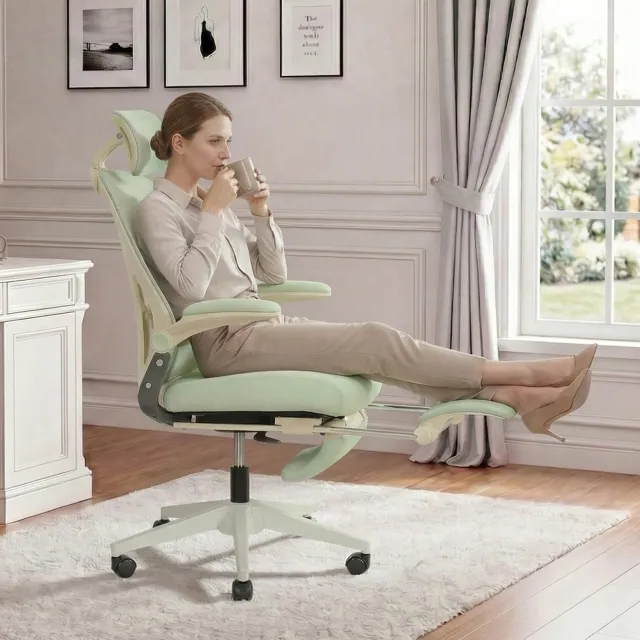 MEUNIQ ergonomische bureaustoel groen met verstelbare hoofdsteun en lendensteun, inklapbare rugleuning, voetensteun en wielen voor de werkkamer