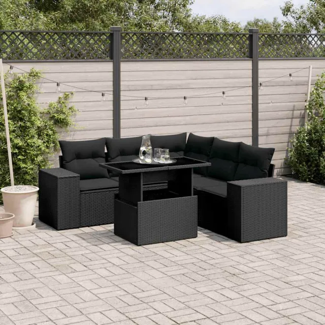 vidaXL 6-delige Loungeset met kussens poly rattan zwart, foto 2