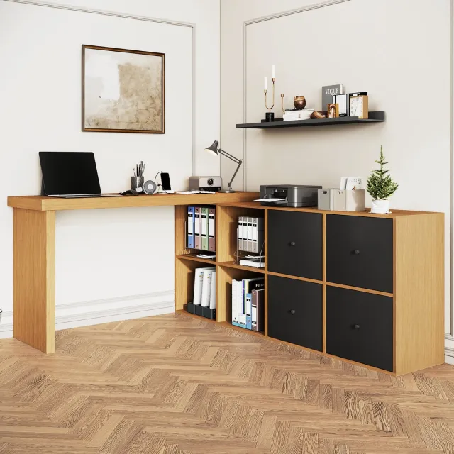 Wishdor Hoekbureau L-vormig 360° draaibaar - MDF - 4 vakken en 4 lades - zwart eiken - flexibel voor kantoor en home office Zwart, eikenhout
