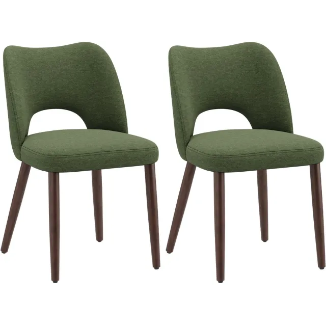 COLAMY Set van 2 eetkamerstoelen van stof - Gebogen open rugleuning - Dikke gewatteerde zitting - Poten van massief hout - Moderne keukenstoelen - Groene kleur