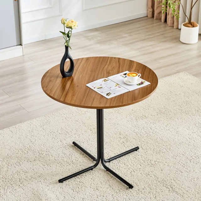 WUVRIE Ronde bijzettafel diameter 85 cm - Zwart metalen driepoot en walnootkleurig blad - 76 cm hoog