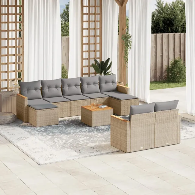vidaXL 10-delige Loungeset met kussens poly rattan gemengd beige, foto 2