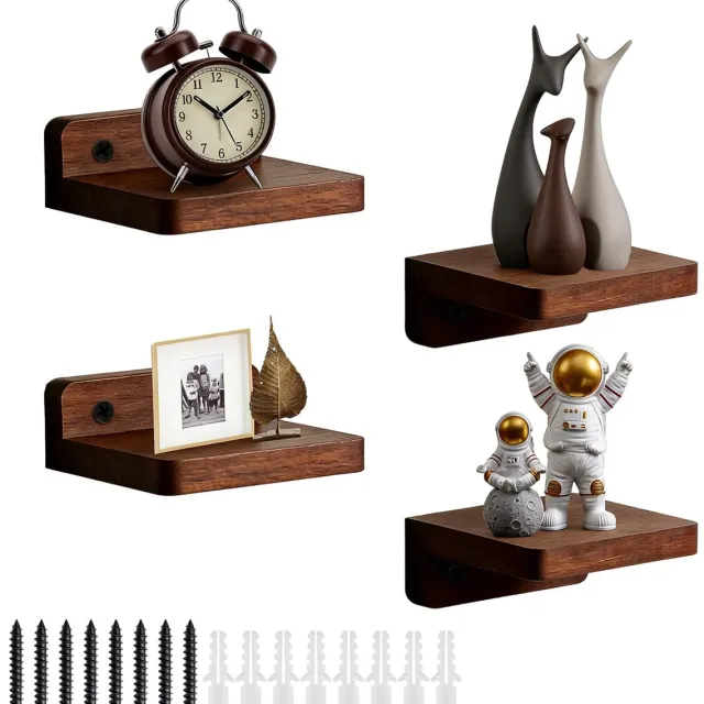 Famanu Set van 4 kleine wandplanken van hout, zwevende planken voor slaapkamer, badkamer en woonkamer (walnoot Naturel
