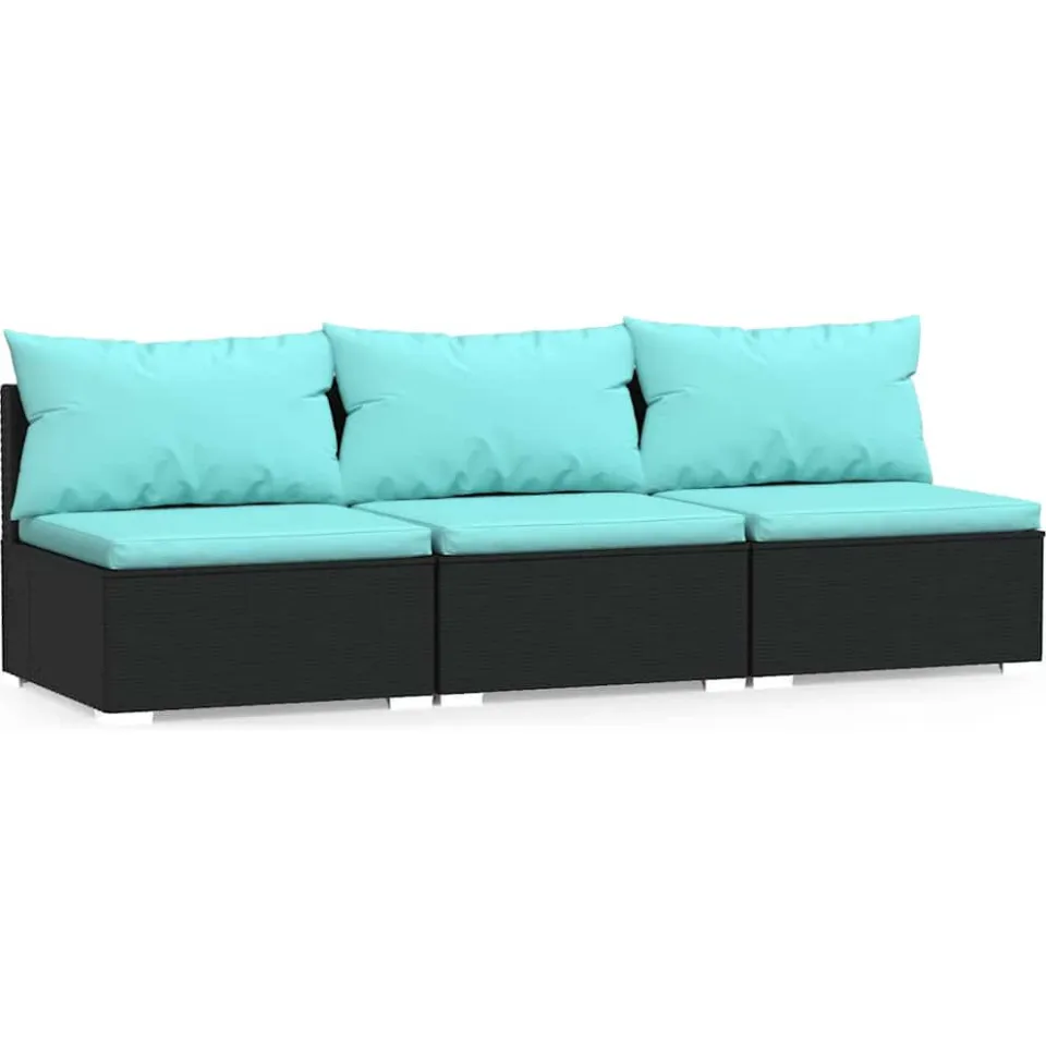 vidaXL Driezitsbank met kussens poly rattan zwart, foto 3