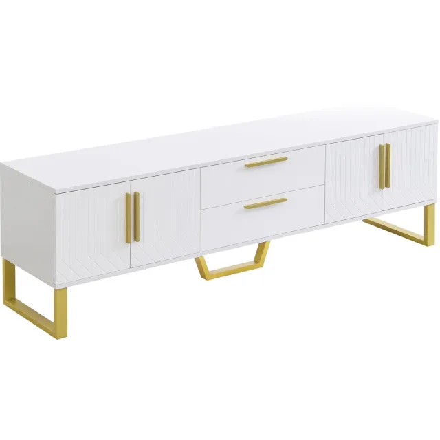 MEUBLE COSY TV Meubel - 170 cm Hoogglans Met Gegraveerde Deuren - Wit en Goud