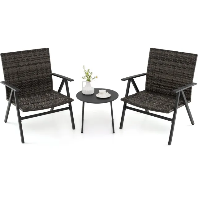 Costway 3-delige tuinmeubelset, rotan balkonmeubels met 2 stoelen en tafel, balkonset met metalen frame en polyrotan zitting en rugleuning, zitgroep voor balkon, veranda, tuin Grijs