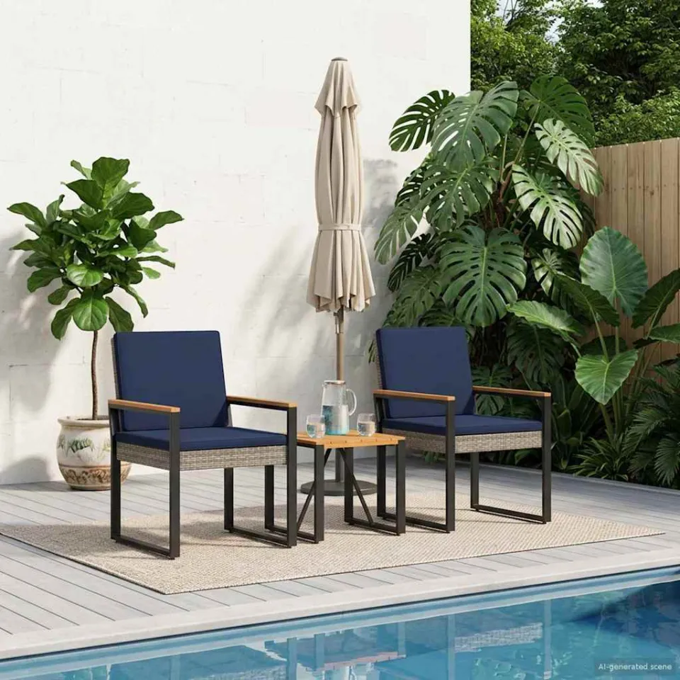 vidaXL Buitenmeubelset 3 st Grijs en Marineblauw poly rattan, foto 3