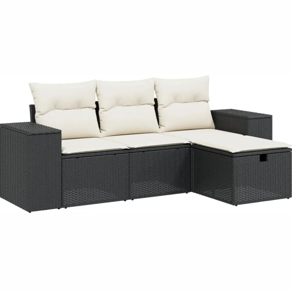 vidaXL 4-delige Loungeset met kussens poly rattan zwart