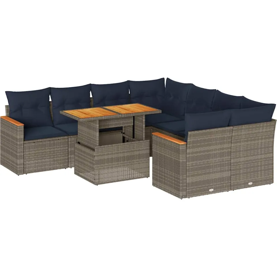 vidaXL 9-delige Loungeset met kussens poly rattan grijs, foto 3