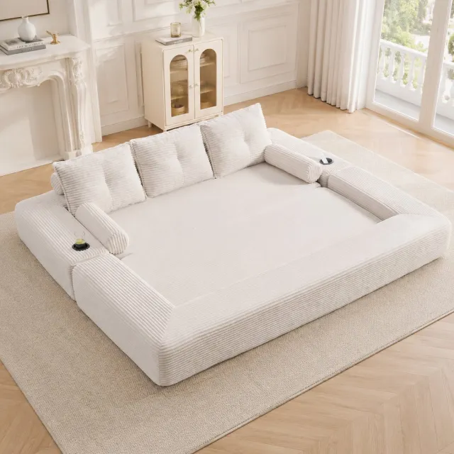 MIVRAY Slaapbank 3-Zits 232 Cm Opvouwbaar Met Slaapfunctie, Memory Foam Kussens, Bekerhouder En Zijvak - Beige Corduroy