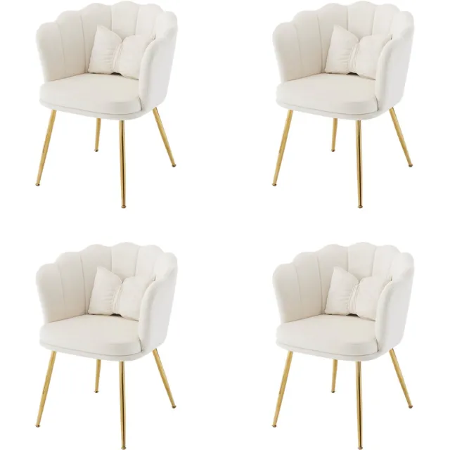 Merax Moderne Velvet Stoelen Set van 4 met Sierkussens – Fauteuil met Bloemblaadjes Vorm Rugleuning en Vergulde Metalen Poten – Beige met Goud