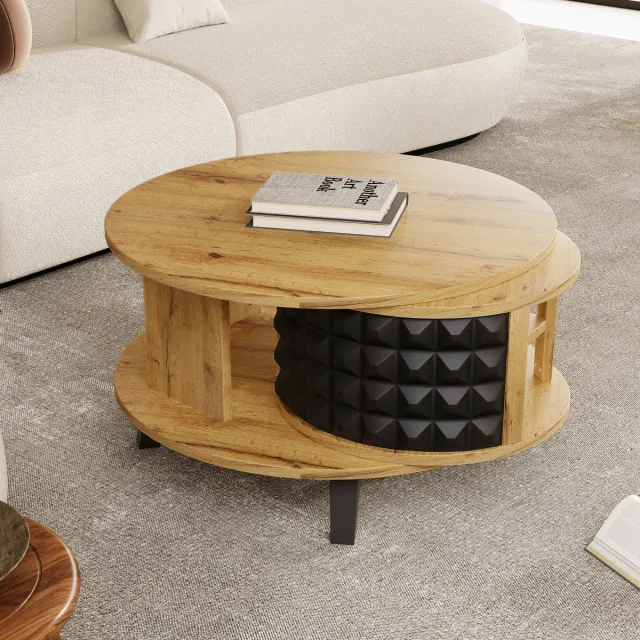 HAUSS SPOLE Salontafel - Draaibare Opbergtafel Met Verborgen Vak En Dubbel Plateau - Voor Woonkamer En Interieur - Spaanplaat - 85,2x80x45,2 cm - Naturel
