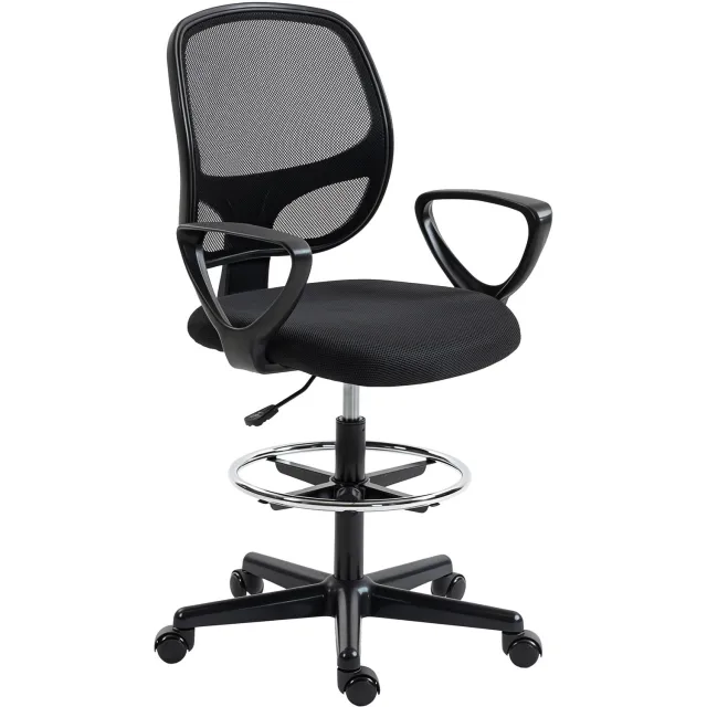 MUVANO Hoge bureaustoel met voetenring - Ademende netrug - Vaste armleuningen - 59 x 58 x 103-123 cm - Zithoogte 58-78 cm - Voor hoge bureaus en tekentafels - Zwart