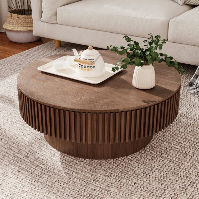 COVREO Ronde salontafel met opbergruimte – Ø75 cm – Zeteltafel van MDF met houtfineer – Voor woonkamer en kantoor – Walnoot Walnut