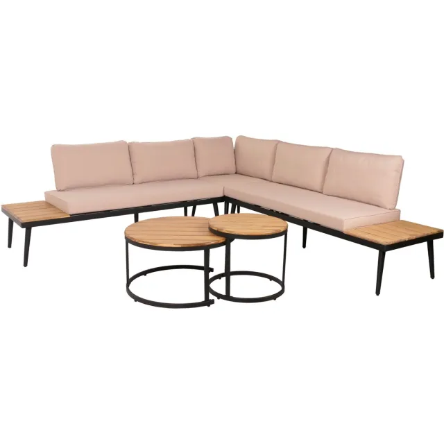 MCW Tuinset MCW-H54c, loungeset, bijzettafel Spun Poly Acaciahout Staal ~ lichtbruin, kussens beige
